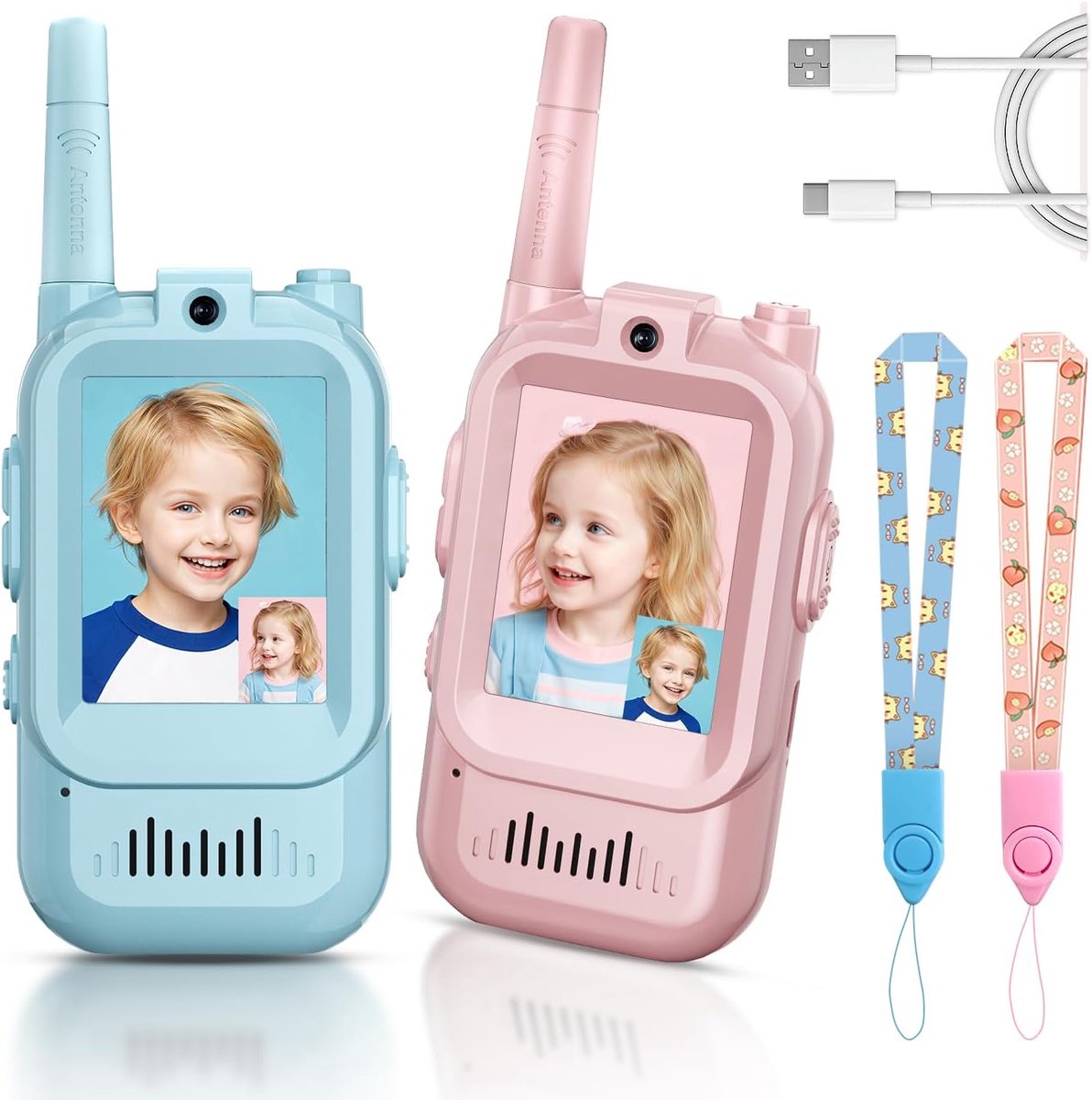 Video Walkie Talkies voor Kinderen - Lange Afstand - Oplaadbaar - Buitenspeelgoed voor Jongens & Meisjes 3-12 Jaar - voor Kamperen, Wandelen, Reizen - Blauw/Roze - 2 Stuks