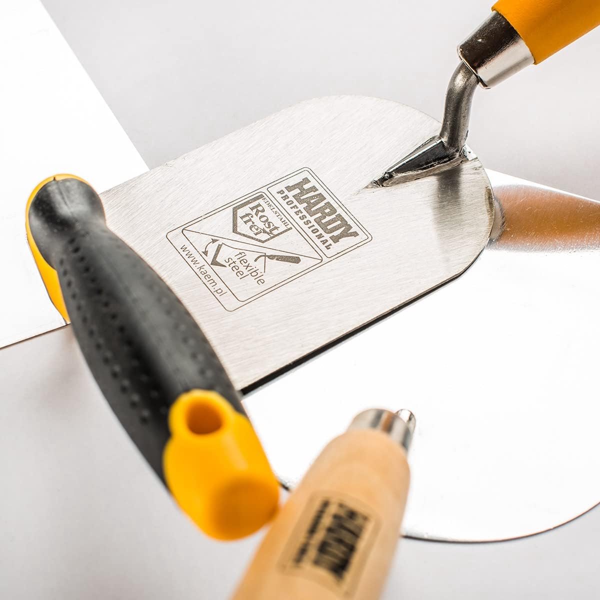 SnelShoppen - Muurstucspaan 16 x 8 cm, trapeziumvormige trowel van roestvrij staal met ergonomische 2-componenten handgreep voor pleister, lijm en vul