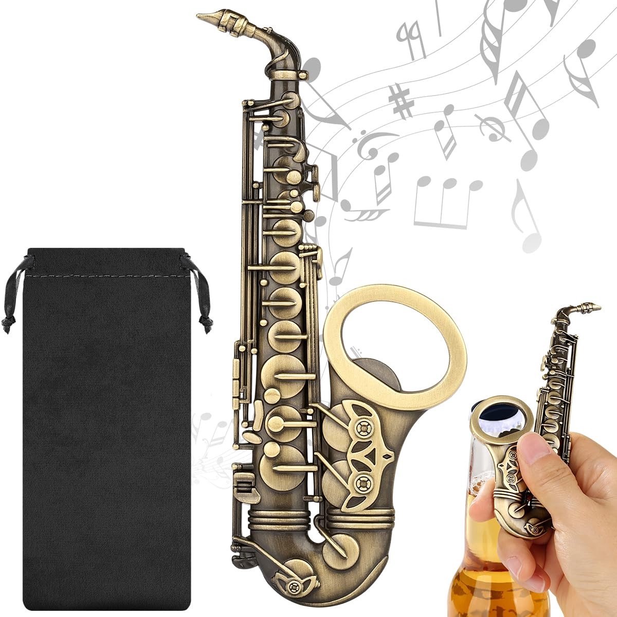 Omgoods - Saxofoonvormige Flesopener met Tas - Uniek Steampunk Cadeau voor Muziekliefhebbers