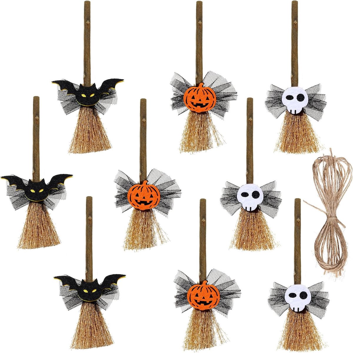 9 stuks mini Halloween bezem met motieven vleermuis pompoen | Miniatuur veegapparaten print patroon, elk 3x griezelige pompoen doodshoofd, voor poppenhuis decoratie griezelfeest