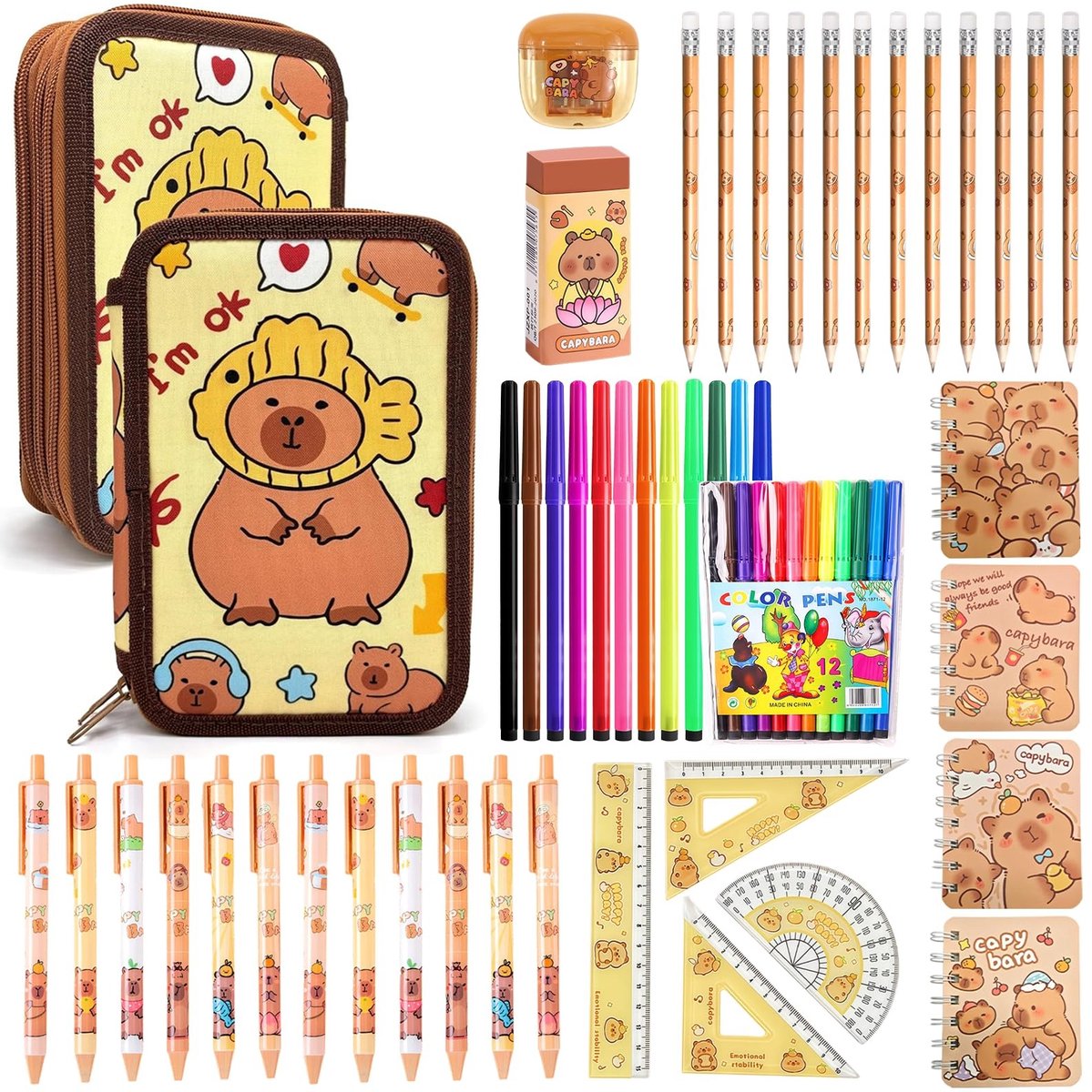 Omgoods - Capybara Pennenetui Set - 3 Vakjes met 47 Stuks Schrijfwaren voor Jongens en Meisjes