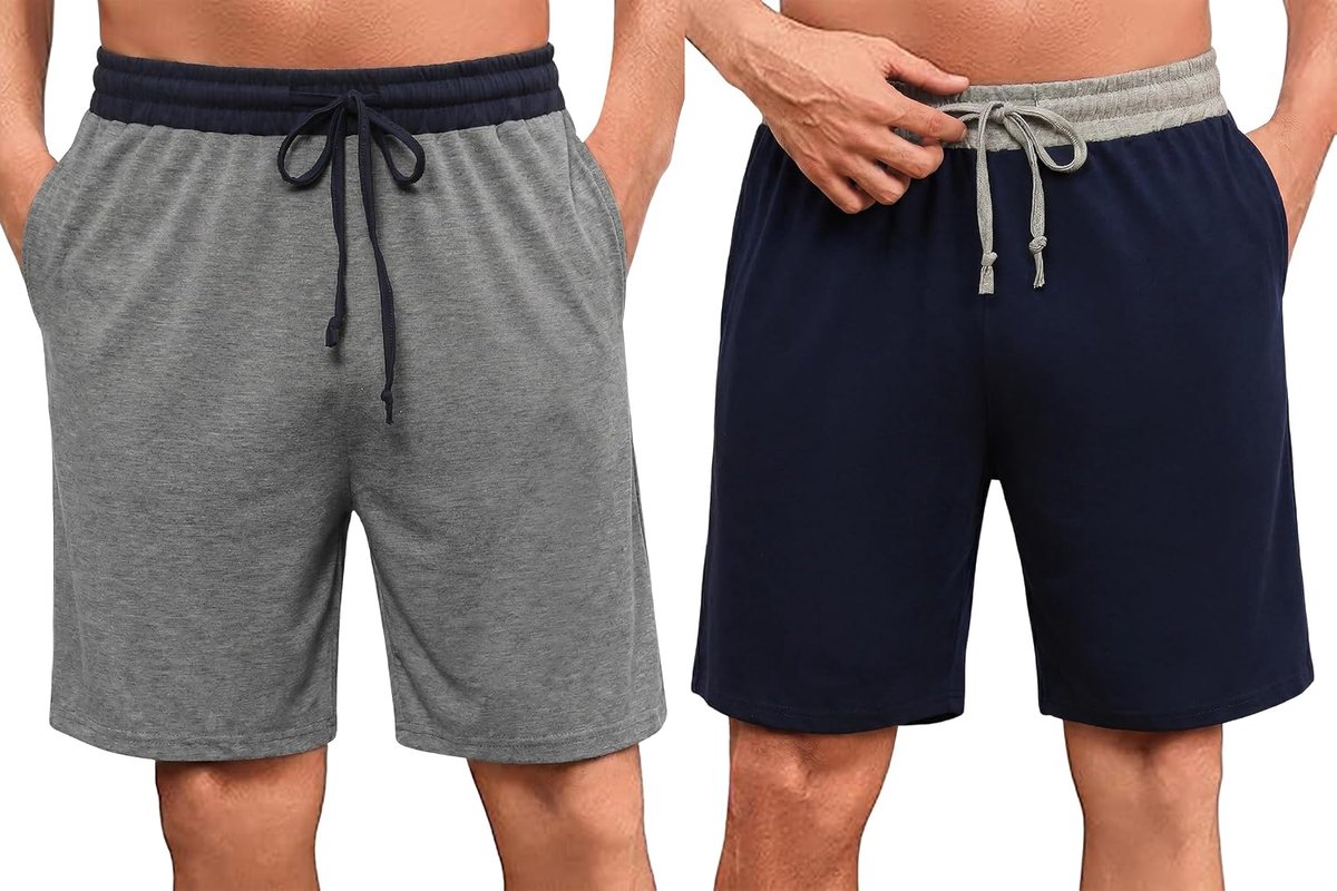 Pyjamashorts voor heren, 2 stuks, zomer, katoen, met zakken, elastische tailleband, comfortabel, S-4XL