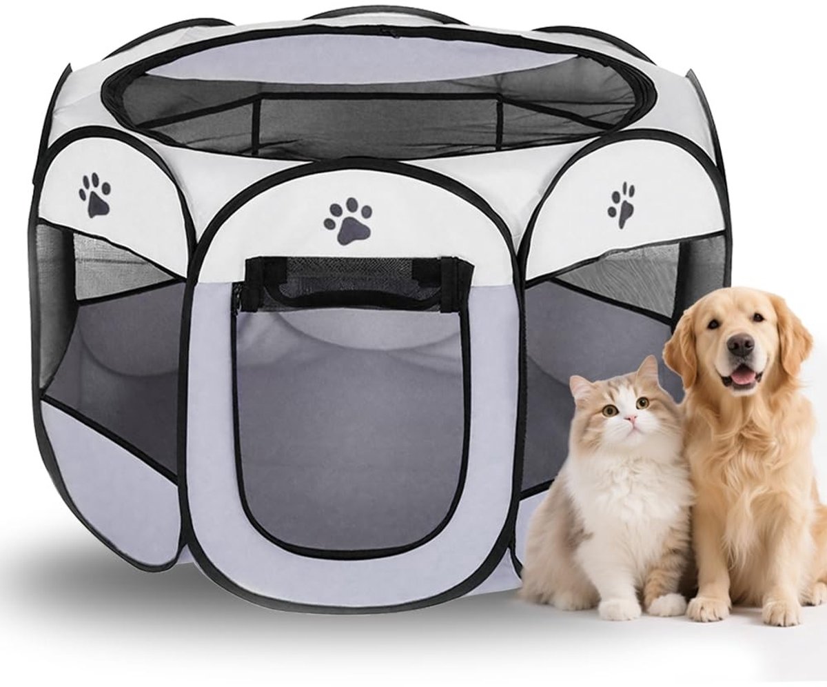 Omgoods - Opvouwbaar Dierenloop van 74 x 74 x 43 cm - Ademend Mesh voor Binnen en Buiten voor Katten en Honden