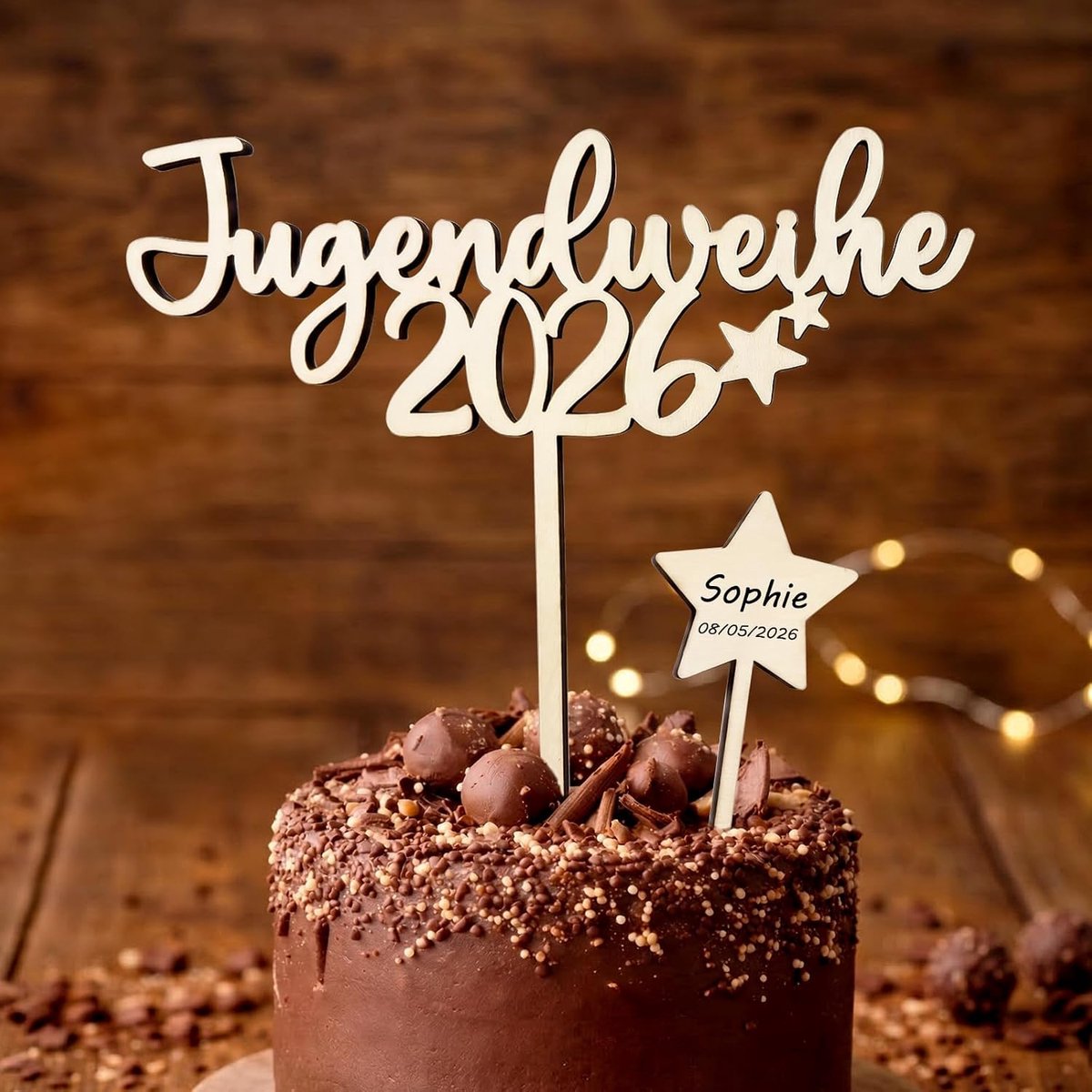 jeugdwijding 2026 van hout, taartsteker ster taarttopper jeugdwijding decoratie jongens meisjes