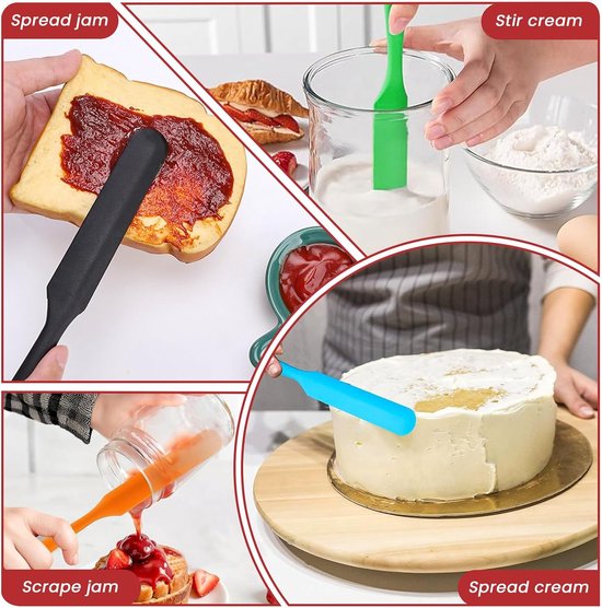 8 stuks siliconen potspatel, anti-aanbak flexibele spurtspatel met lange steel, magere potschraper voor jam, cake, room, boter, brood, glazuur, zuurdesem, mengen, keuken, bakken, koken — afbeelding 5