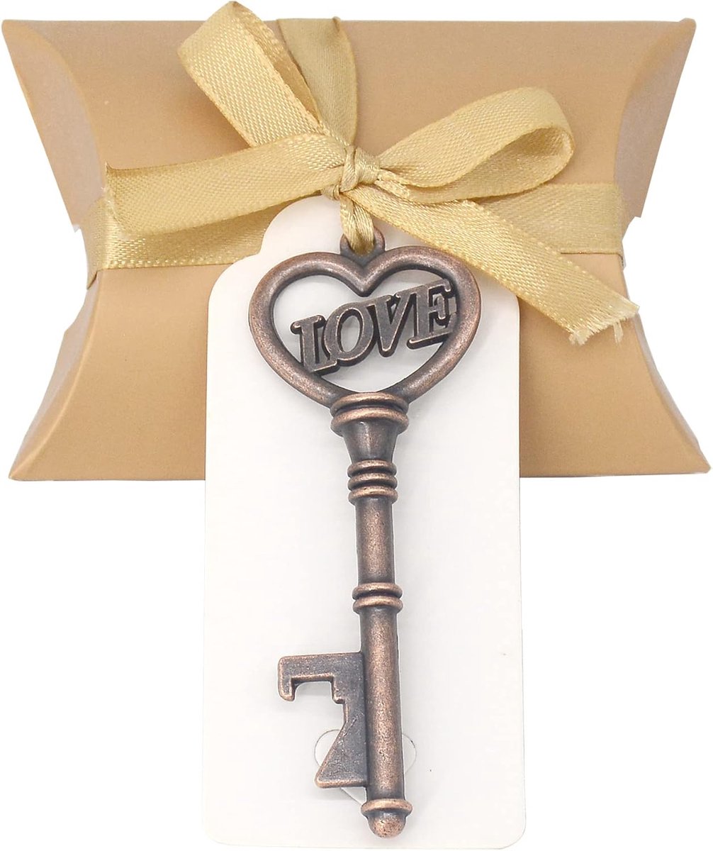 50 stuks sleutel flesopener bruiloft hart vintage rustiek huwelijksgeschenken souvenir geschenkset met kussendozen en etiket (antiek koper)