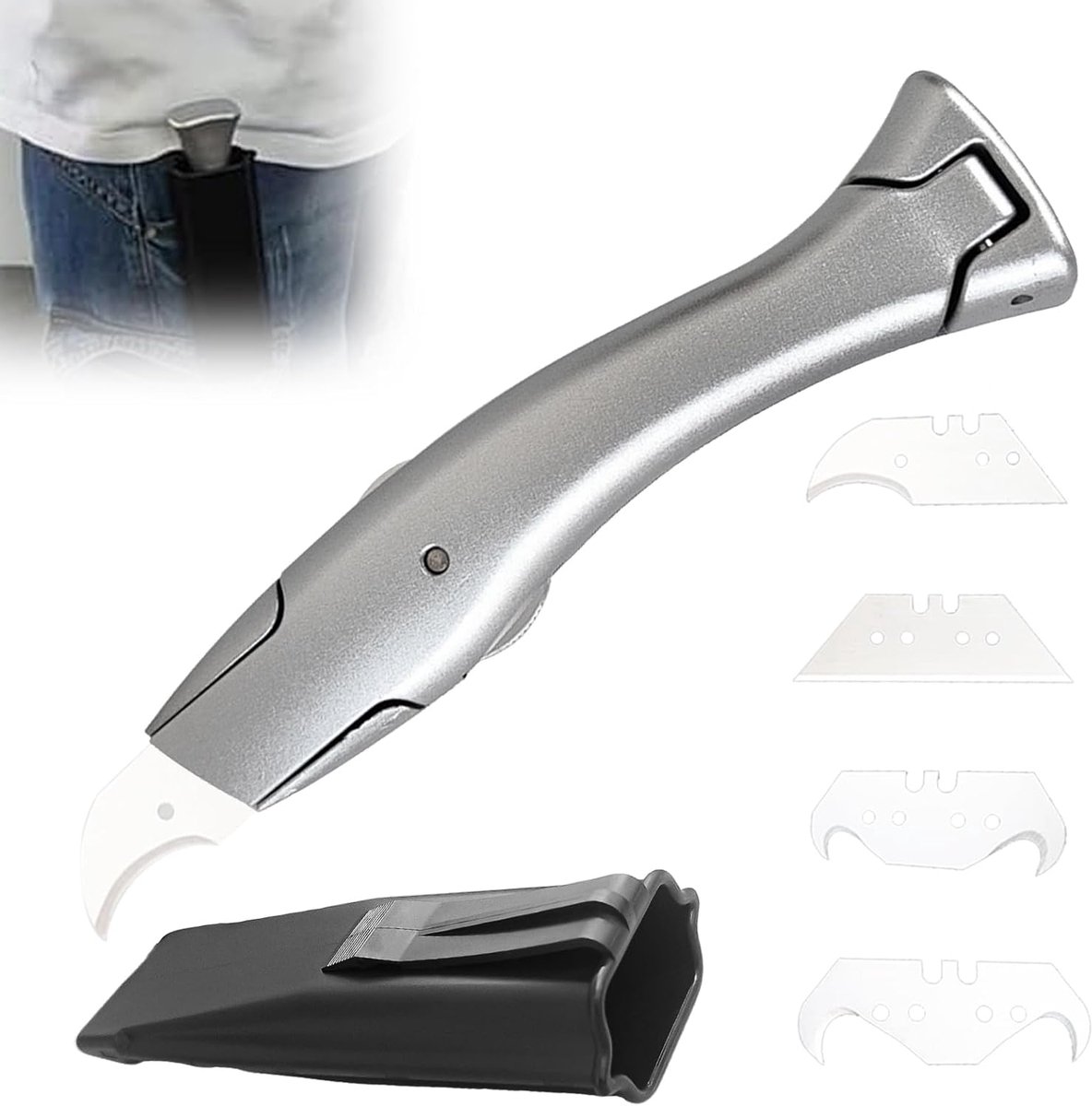 Tapijtmessen met trapeziumlemmet en haaklemmet, professioneel tapijtmes met reservemessen en kunststof koker, cuttermes voor pvc-vloeren, tapijt, aluminiumlegering, zilver