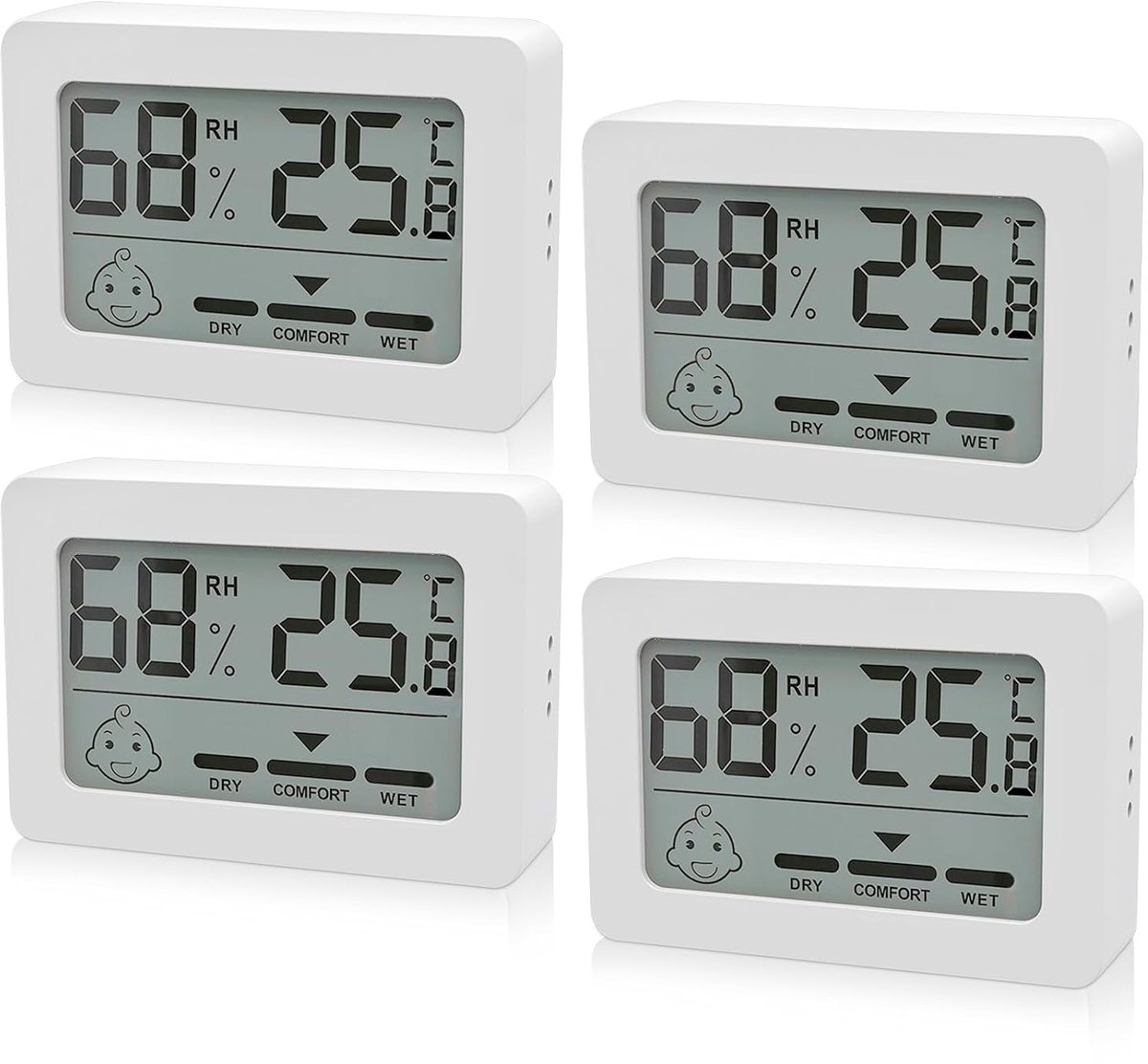 thermometer, hygrometer voor binnen, 4 mini-luchtvochtigheidsmeter, kamerthermometer voor binnen, met smiley-indicator, temperatuurkamerthermometer voor babykamer, woonkamer, kamer, kantoor