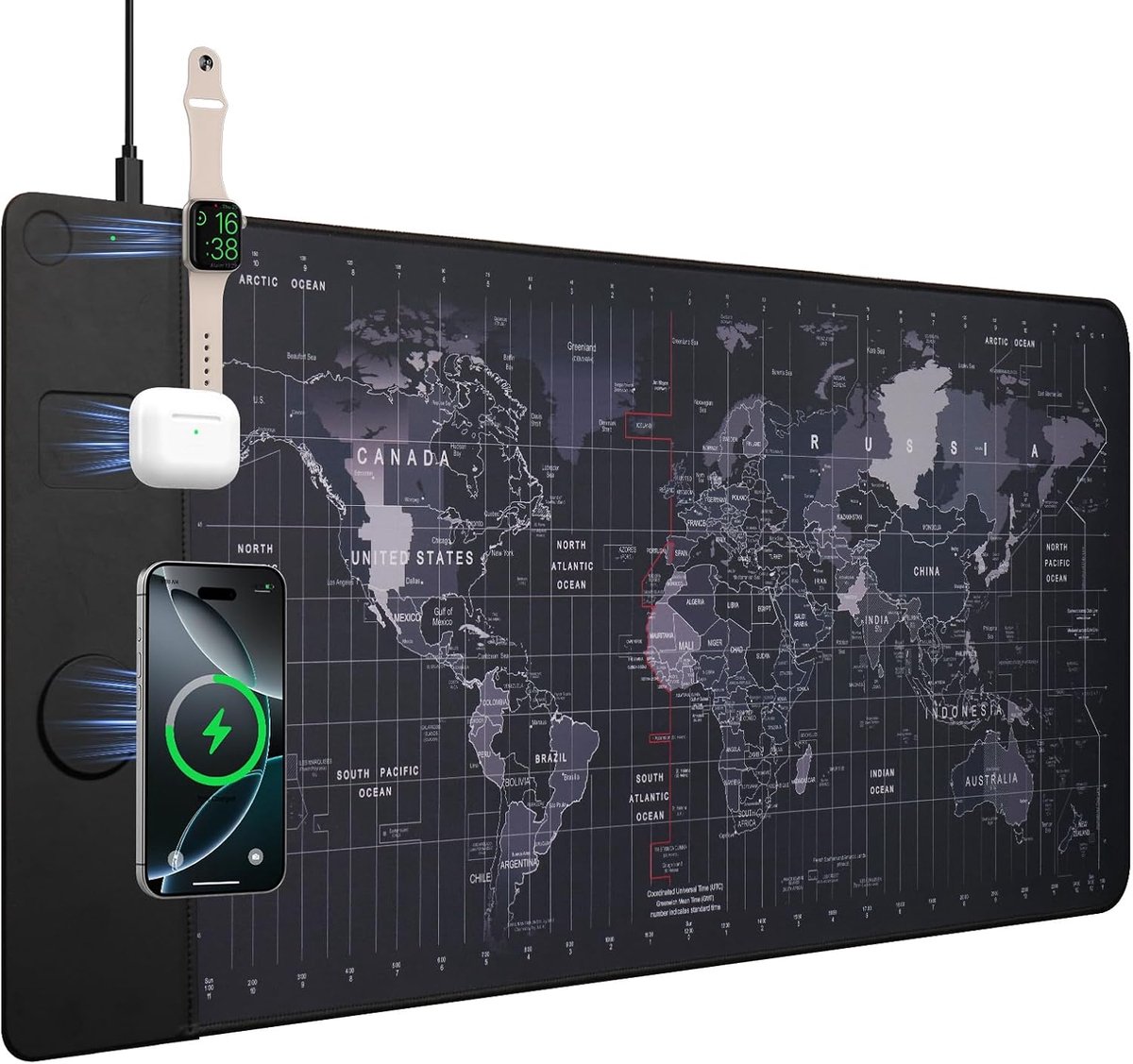 Draadloze oplaadmuispad 15W, waterdichte gaming muispad met ultra-glad oppervlak, anti-slip basis, XXL grote bureau mat 90 x 40cm, zwarte wereld kaart bureau pad voor MacBook, pc, laptop