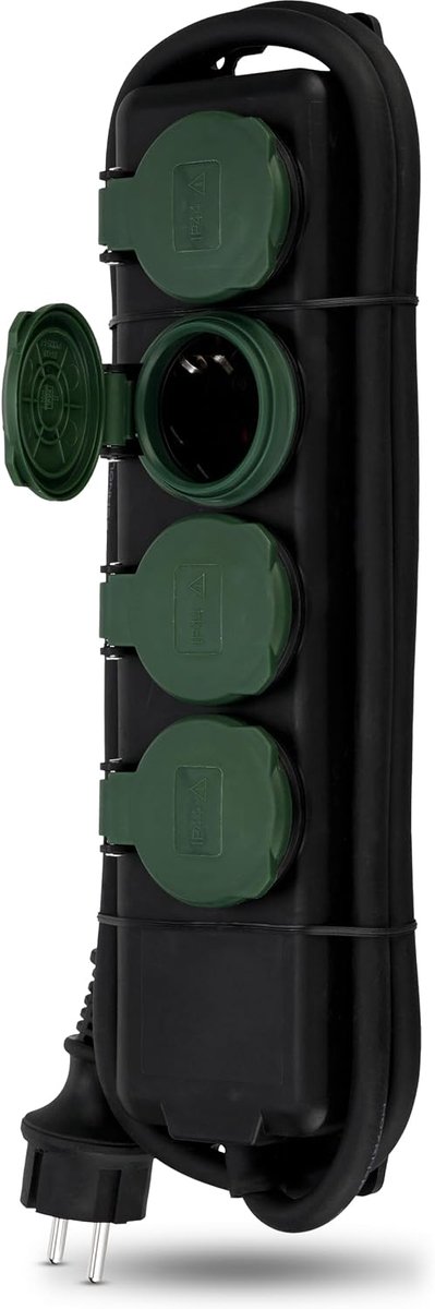 Stekkerstrip, IP44, tuinstekker, buitenstopcontact, voor led-lichtketting buiten, 1,4 m max. 3500 W, zwart