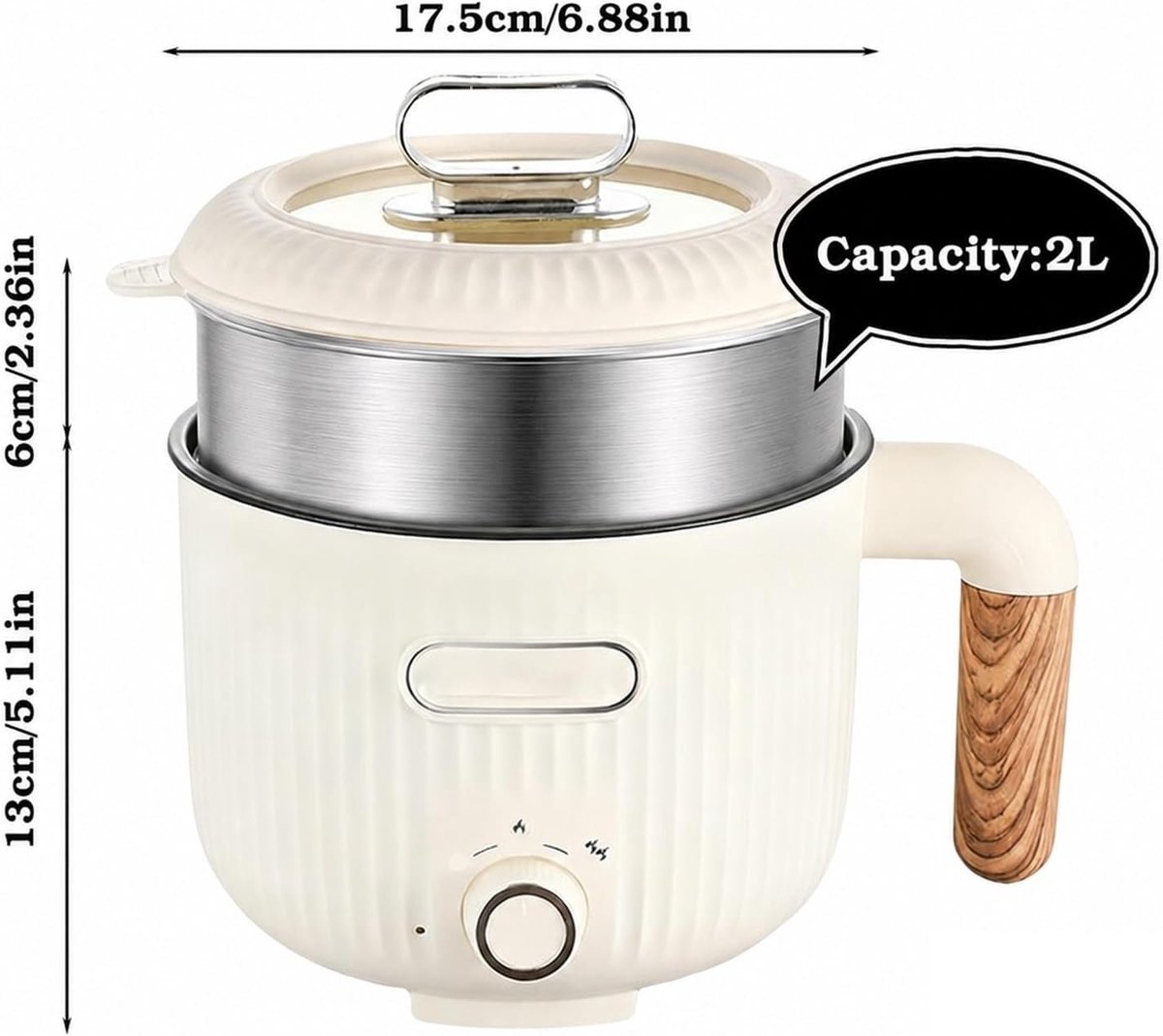 Draagbare Elektrische Hot Pot met Stoompan, 2L Multicooker voor Soep, Pasta en Reis, Ideaal voor Keuken en Reizen