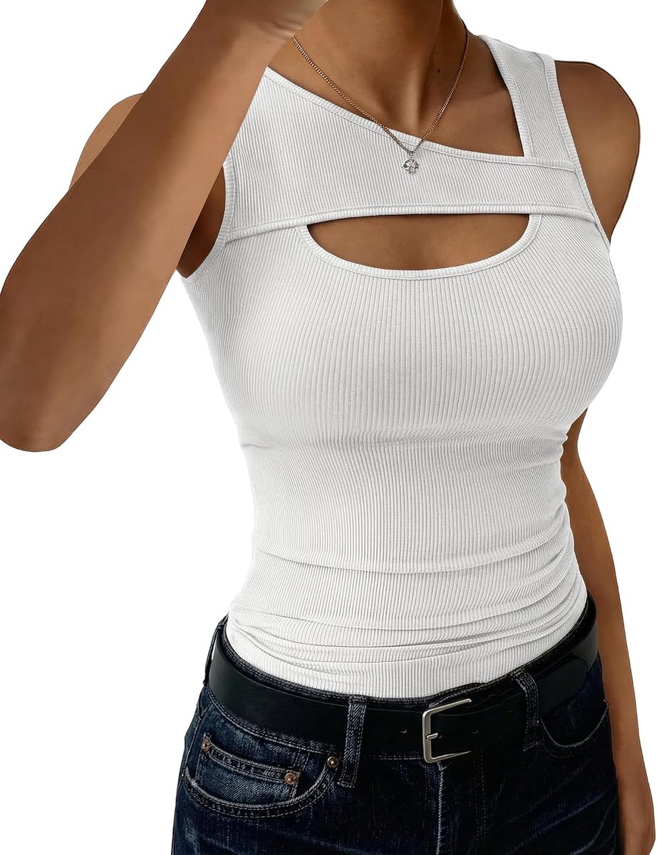 Tanktop voor dames met asymmetrische hals, zomer, basic, tanktop, slim fit, elastisch, brede schouders, geribbeld, mouwloos, effen, sexy