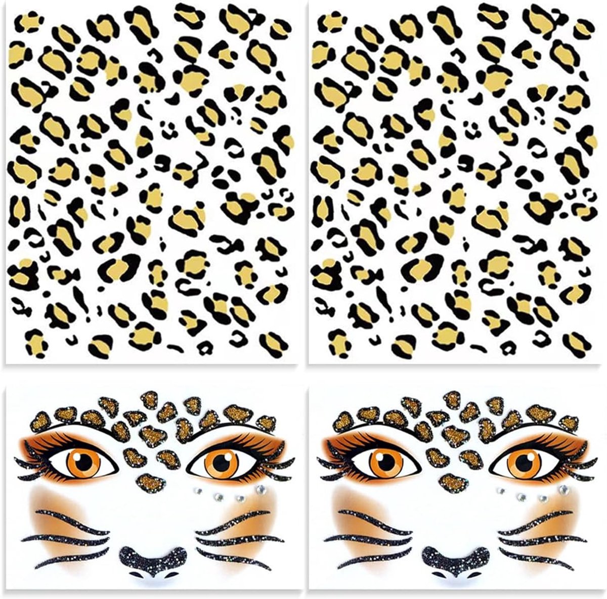 4 stuks gezichtsstickers, luipaard tattoo, luipaard, gezichtstatoed, glitter, luipaard, tijdelijke tatoeagestickers, luipaard, luipaardtatoeage
