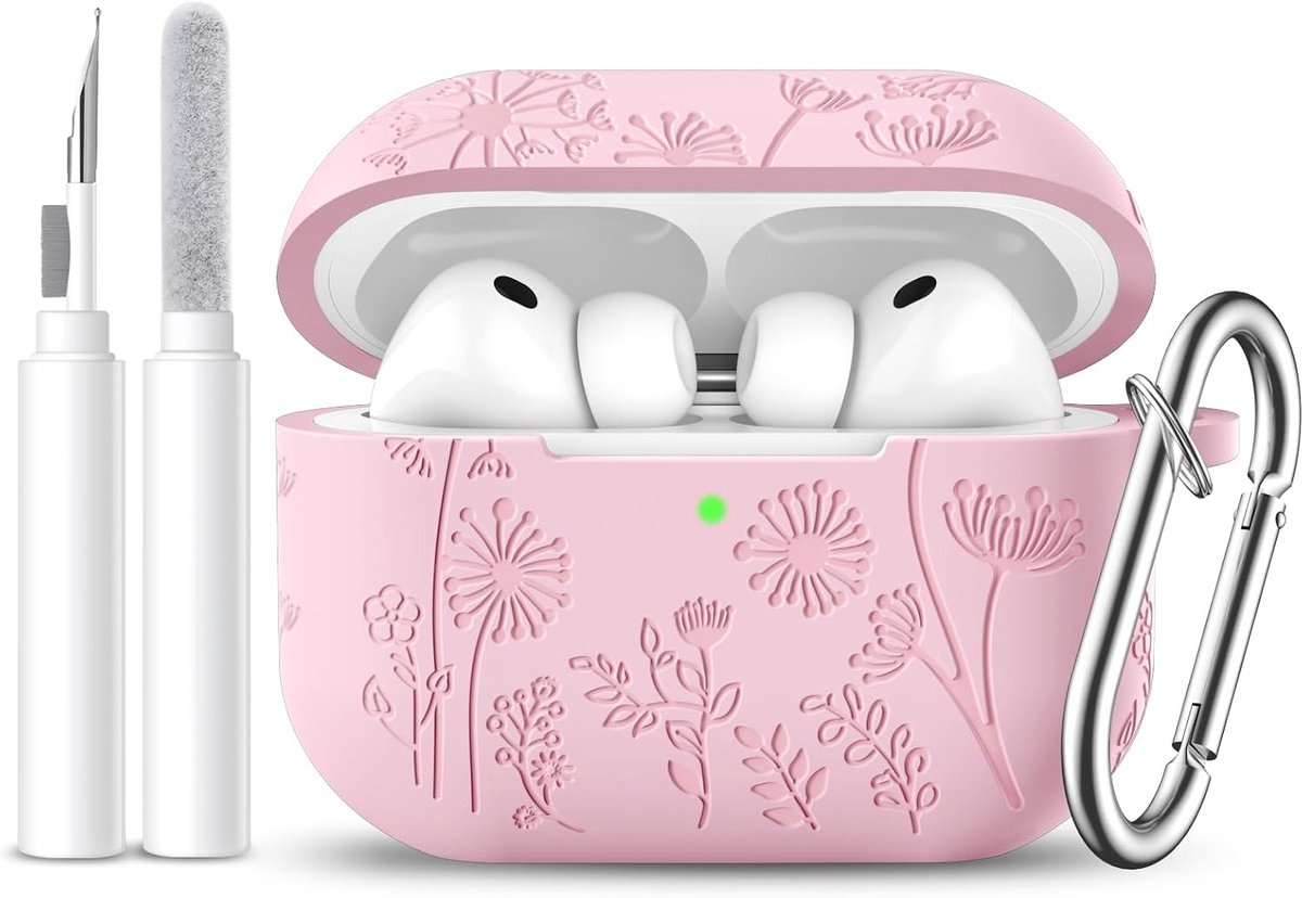 Easuny Voor AirPods Pro 3 Hoesje 2025 - Bloemen Gravure Siliconen Beschermhoes Compatibel met Apple AirPods Pro 3e Generatie - Stootbestendige Hoes met Karabijnhaak & Reinigingsset - Roze