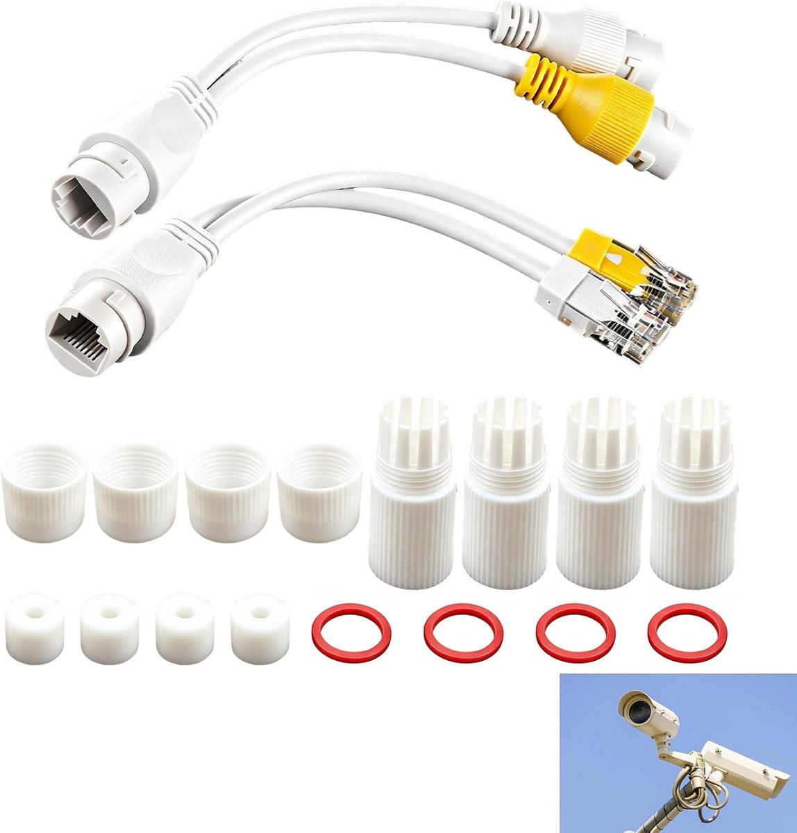 Splitterset, PoE-splitter, waterdicht, voor 2 IP-camera's, stroomvoorziening via één ethernetkabel, PoE-schakelaar of PoE-NVR, gebruik binnen en buiten