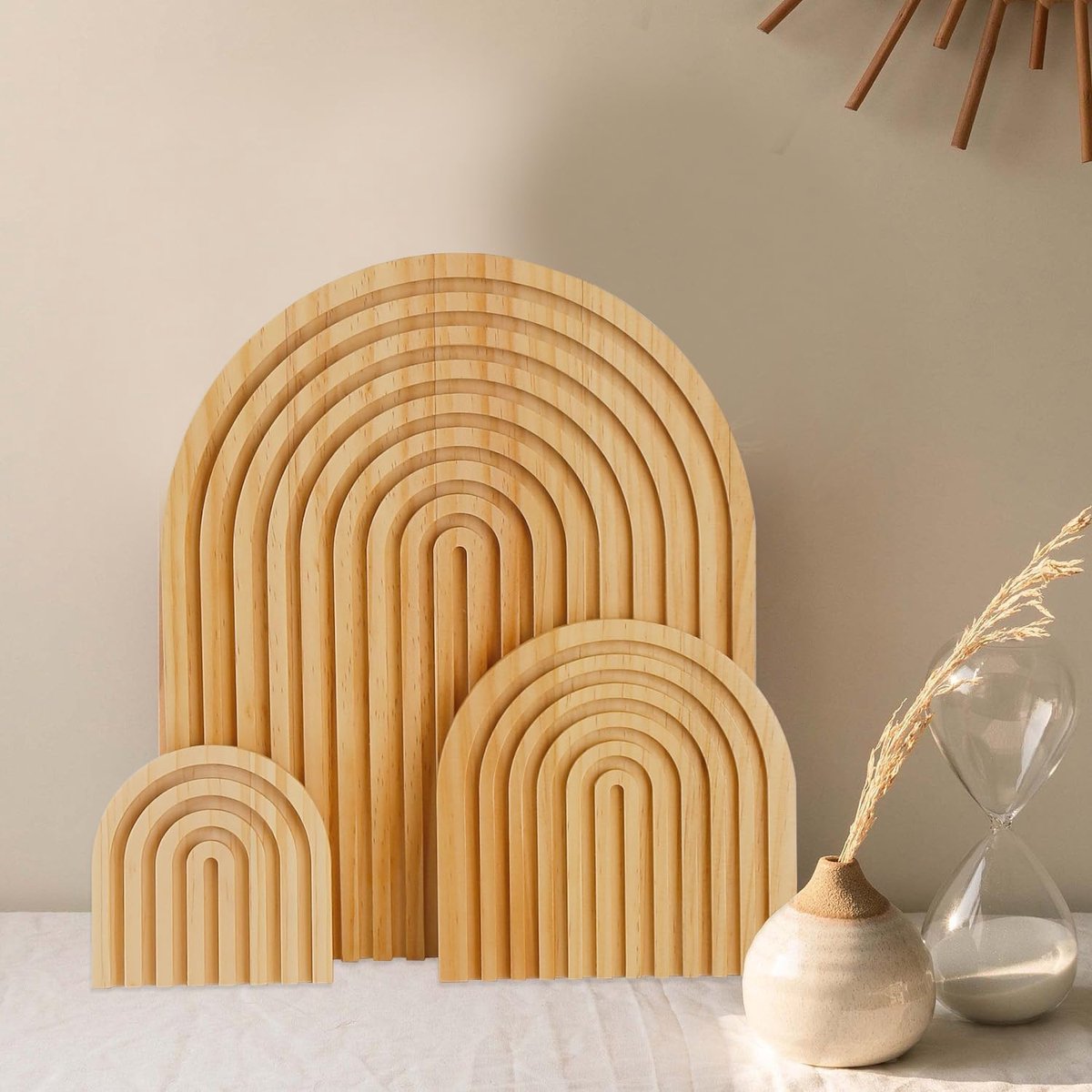 plank, decoratie, regenboog, set van 3, houten plank, decoratie, houten decoratie van grenen met geribbelde regenboogvorm voor woonkamer, slaapkamer, keuken, tafeldecoratie, kantoor,