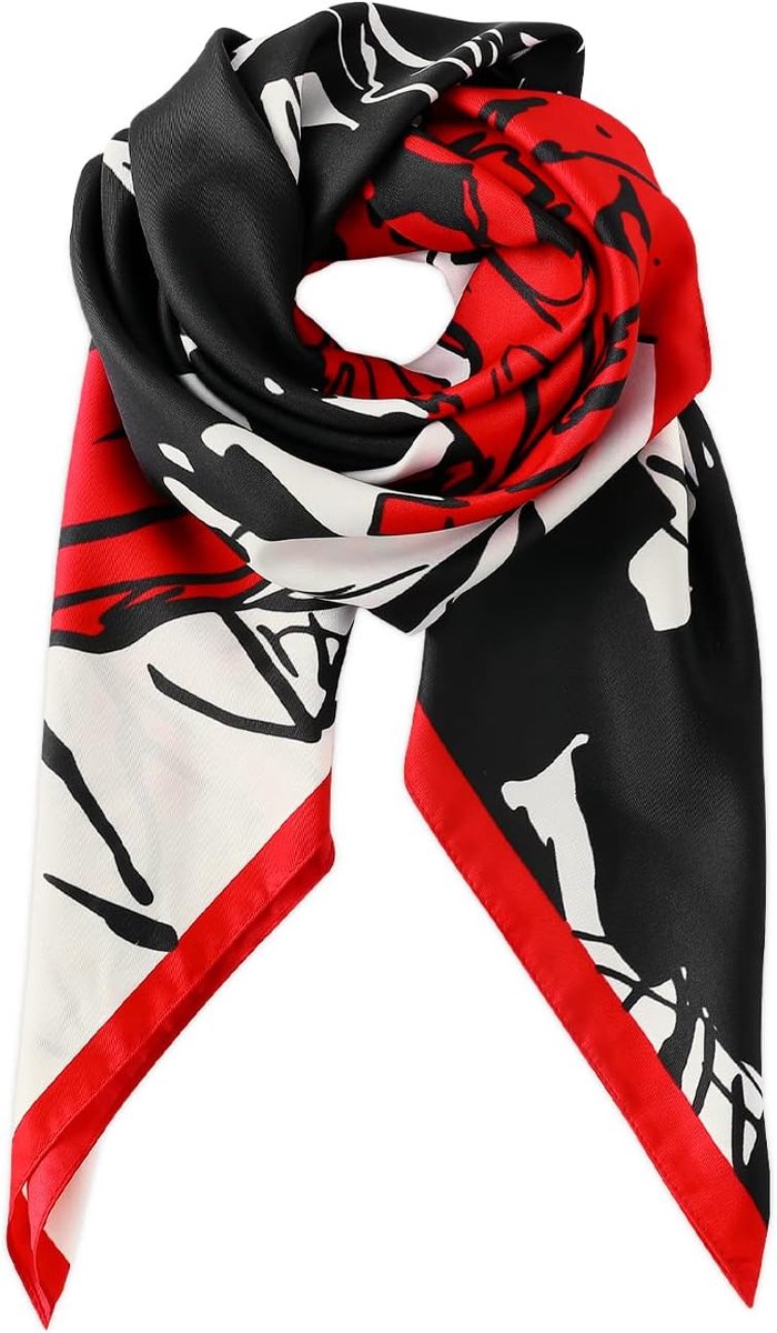 Sjaals 90x90 Contrast Kleur Artistieke Rose Print Lichtgewicht Grote Hoofddoek Haar Sjaal Decoratie Bandanas Slapen Hoofddoek, Rood, one size