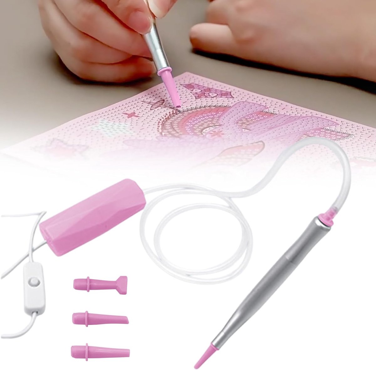 E-Painter Diamond Painting pen, elektrische diamond painting stift, vacuümstift met 3 zuigkoppen en USB-C voor diamantschilderij-accessoires (roze)