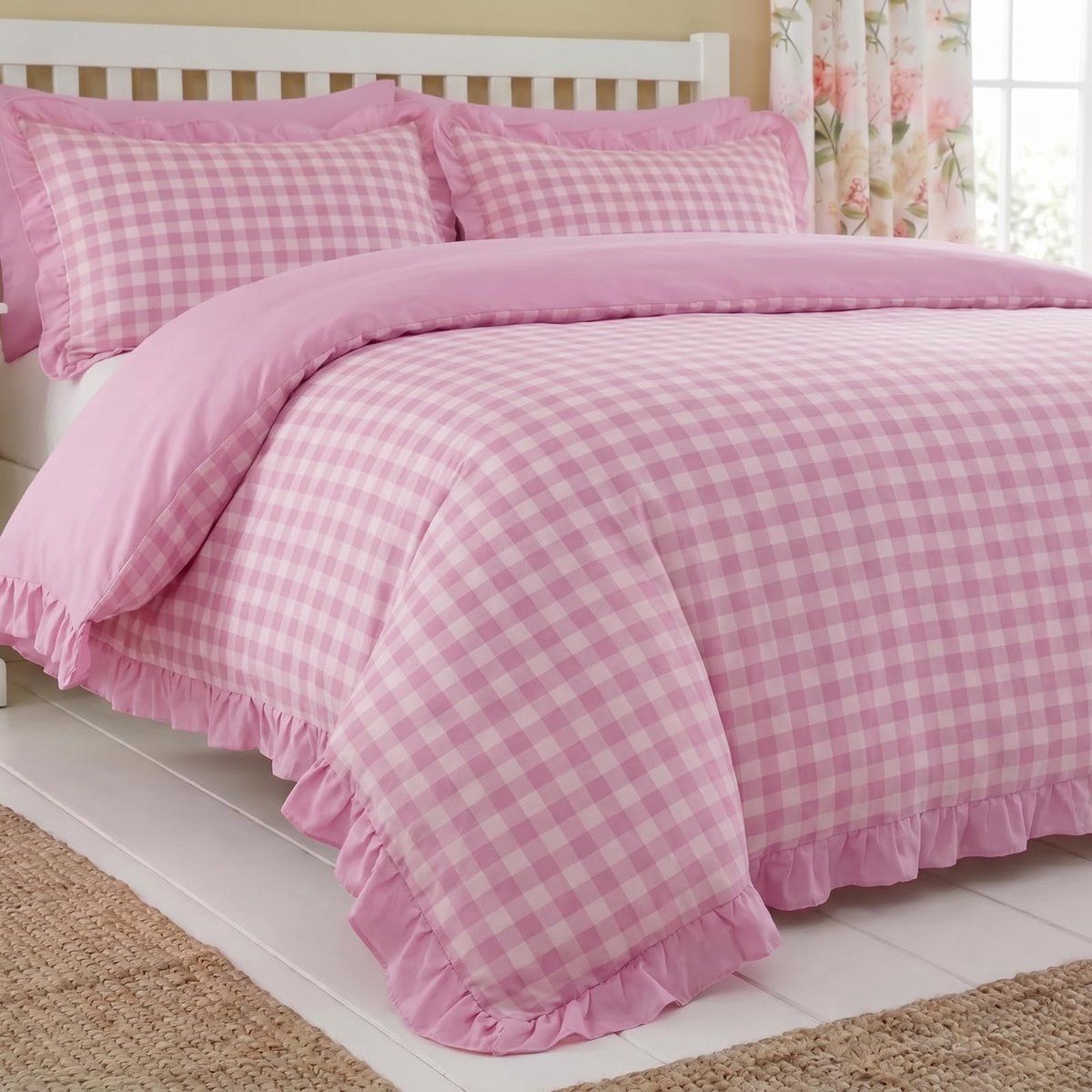 Omgoods - Hot Pink Geruite Dekbedovertrekset met Rimpels