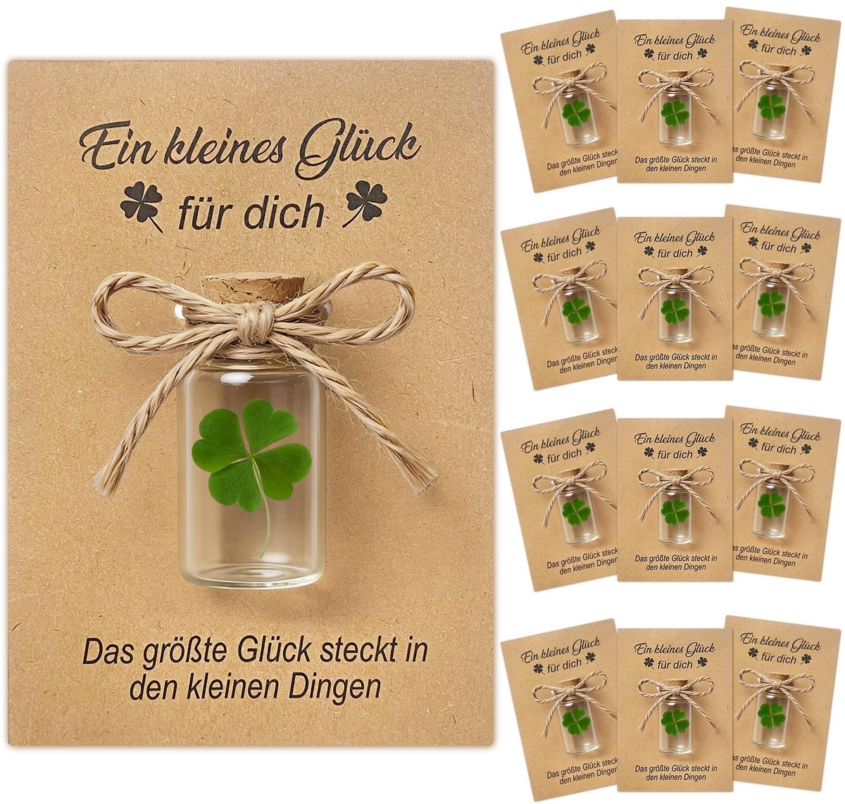Omgoods - 12pcs Geluksbedels - Echte Vierbladige Klaver in Glazen Flesjes met Wenskaarten