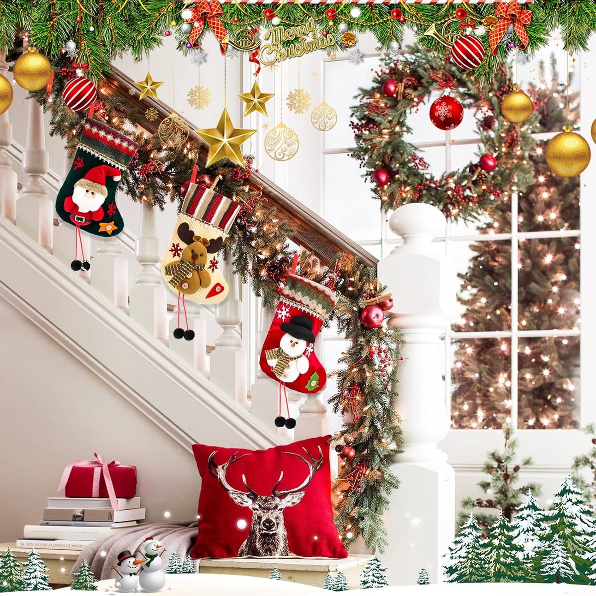 2025 Nieuw Kerstsok, Kerstlaarzen om te vullen, Kerstsokken om op te hangen, Christmas Stocking Set, Kerstsokken Kerstdecoratie voor open haard & kerstboom (3 stuks)