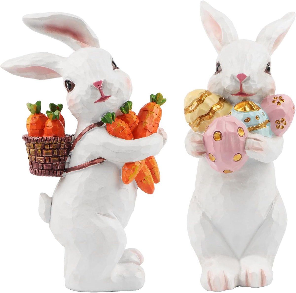 2 stuks paashaasdecoraties, handbeschilderde paashaas, standbeeld en figuren met wortel en ei, tafeldecoratie voor Pasen, hazendecoratie van hars voor thuis, kantoor, feest, tafel, lente,