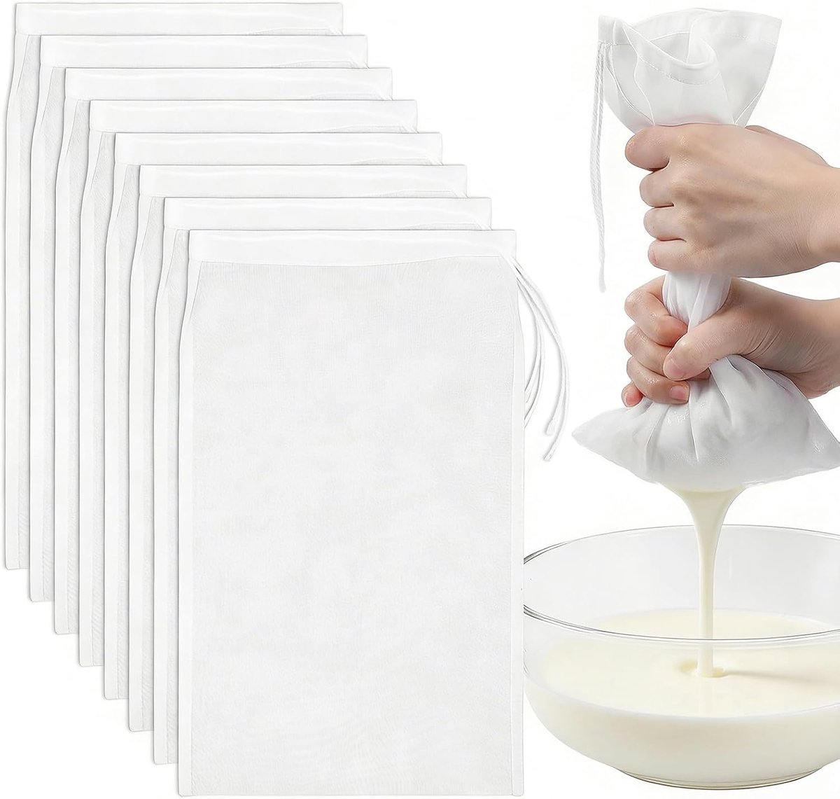 8 stuks notenmelkzakken, fijnmazige passeerdoek, nylon filterzak, wasbare groefmelkzak, fijnmazig filter met trekkoord voor notenmelk, kaas, koffie, yoghurt, vruchtensap (30 × 20 cm)