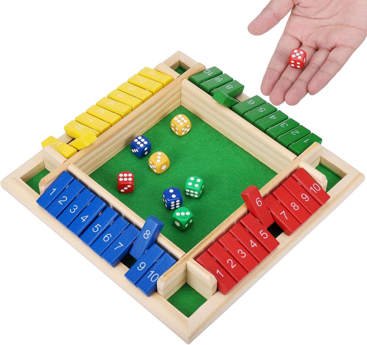 Shut the Box Game voor 4 spelers, kleurrijke dobbelspellen, bordspel van hoogwaardig hout, grappig spel, sluit de doos, houten puzzel met 8 dobbelstenen, bordspel Educat