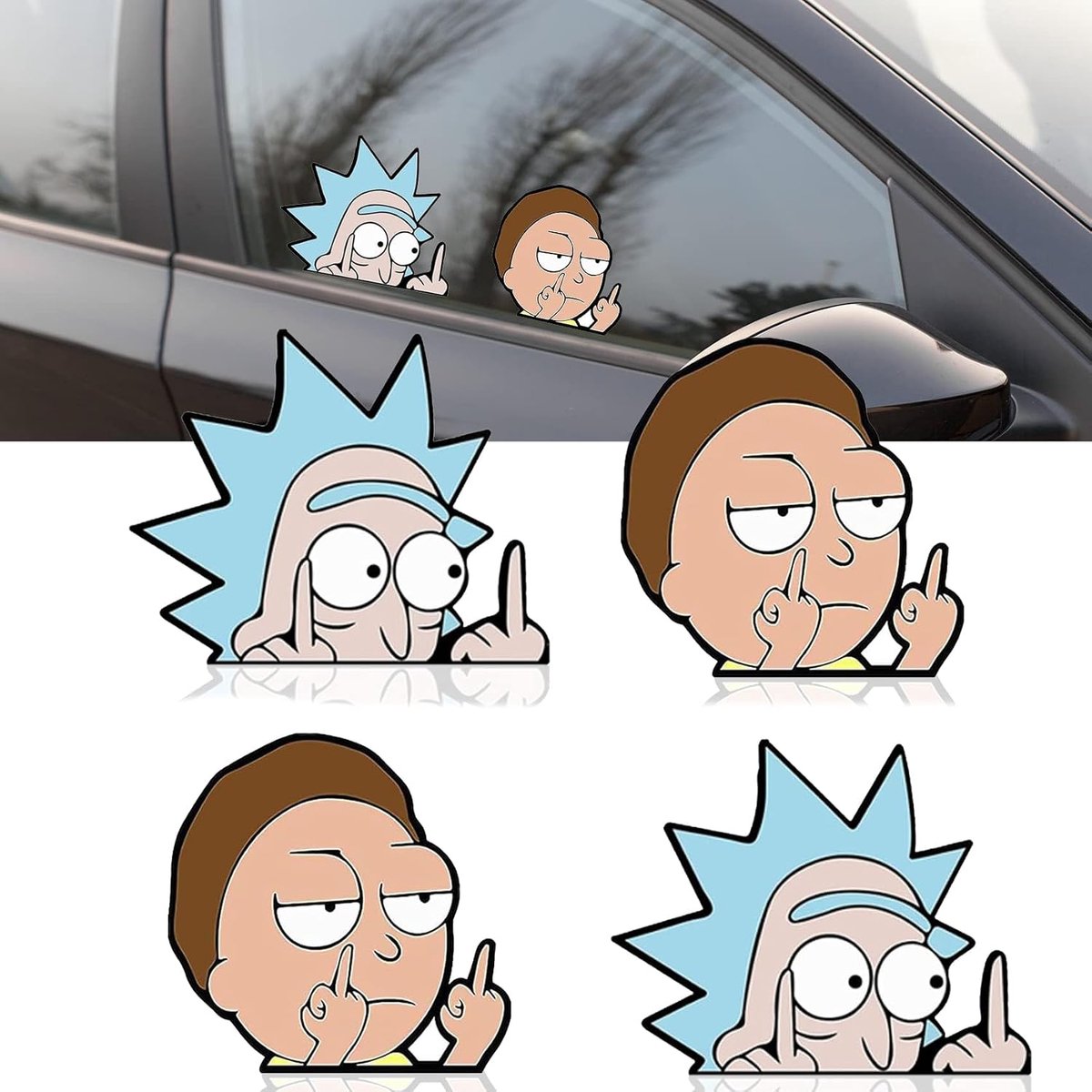 4 stuks reflecterende Rick and Morty autostickers, autostickers, motorstickers, autostickers, stickers grappig voor auto's, notebooks, Windows, enz
