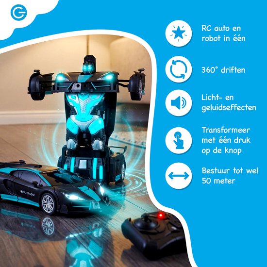 Silvergear® RC Auto Robot 2-in-1 - Transformeerbare Radiografisch Bestuurbare Auto - 360° Driften - LED & Geluid - 15km/u - 2,4GHz - Bereik tot 50 meter - USB Oplaadbaar - Raceauto Robot Speelgoed - Zwart/Blauw - Cadeau voor 6, 7, 8, 9, 10+ Jaar — afbeelding 2