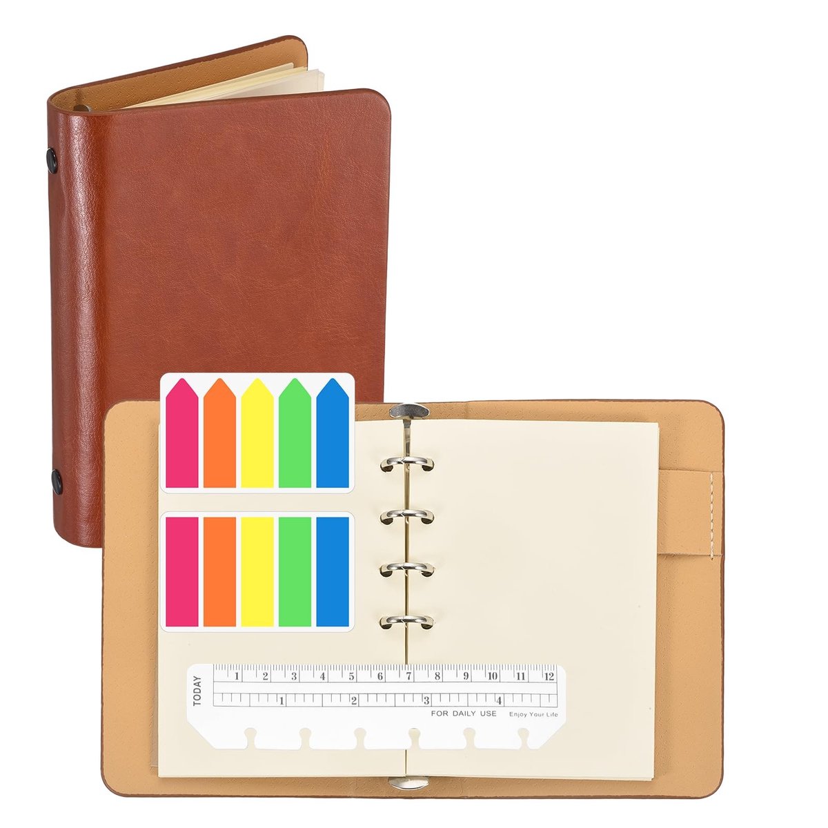Omgoods - Leren Notitieboek met Liniaal en Bladwijzer - 10,7 x 14,7 cm Bruin