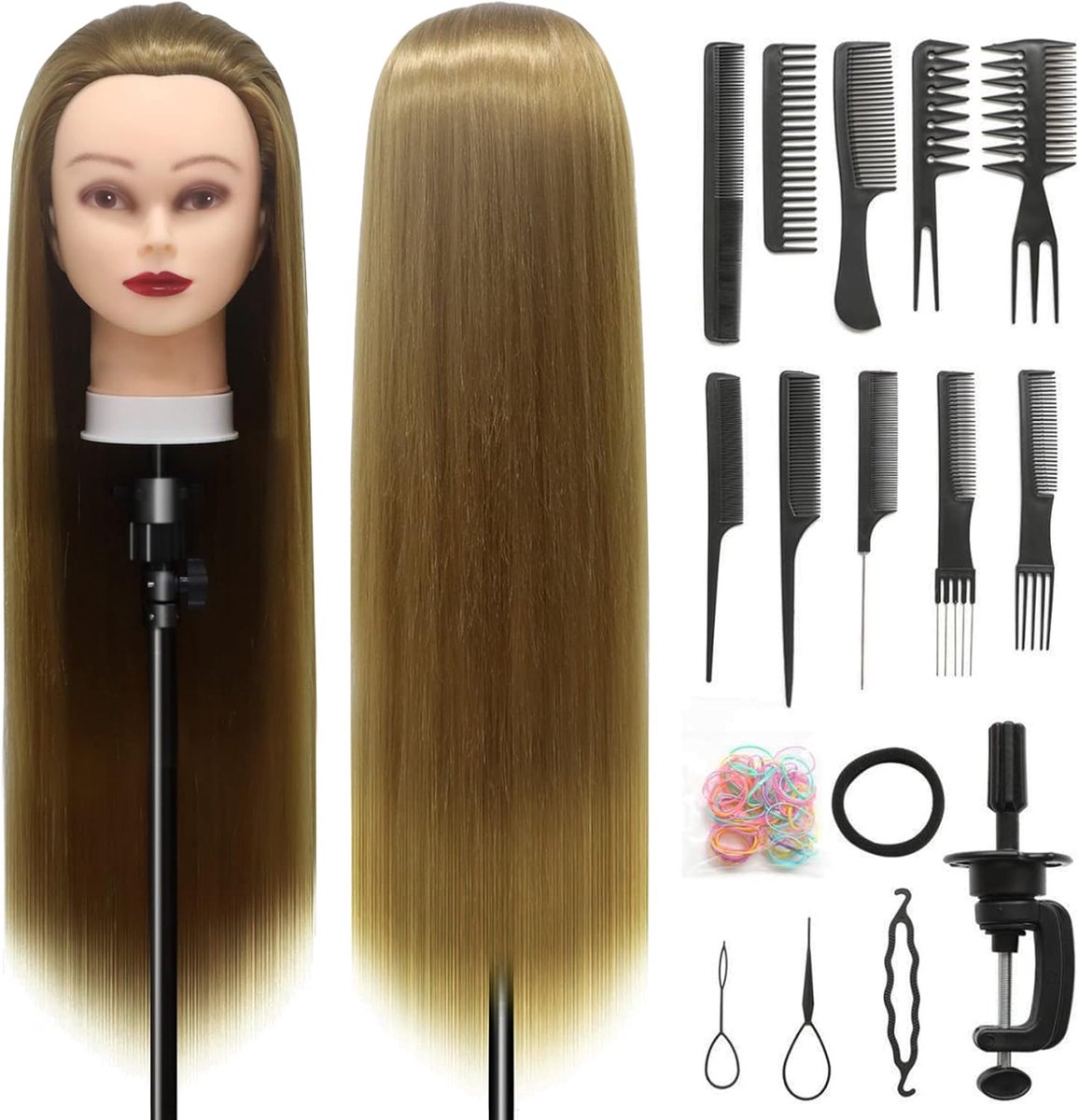 28 inch Kappershoofd 100% Synthetische Vezels Oefenhoofd, Training Hoofd Kappers opleiding hoofd met gratis klem en DIY vlechten Set (#27)