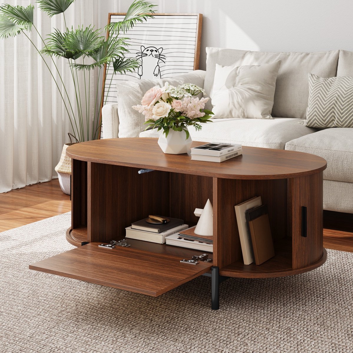 REDOM - Ovale salontafel met opbergruimte - MDF - Rattan-deuren en metalen poten - 100 x 50 x 40 cm - woonkamer