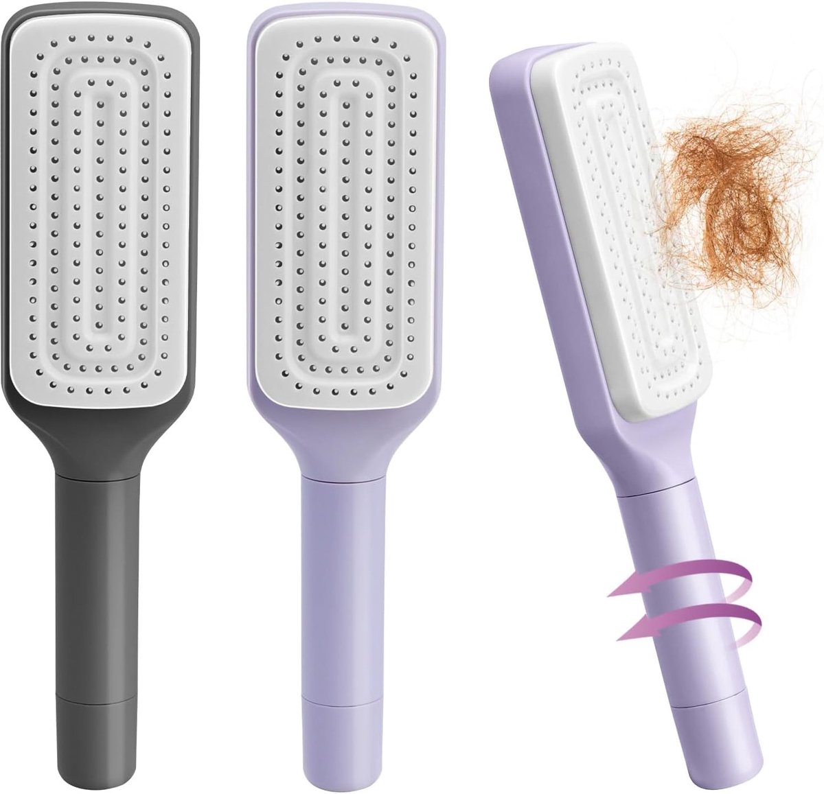 2 stuks zelfreinigende haarborstel, met één klik reinigingskam, haarborstels voor vrouwen, luchtmassagekammen, draaibare telescopische kam, gemakkelijk kammen en reinigen (paars + grijs)