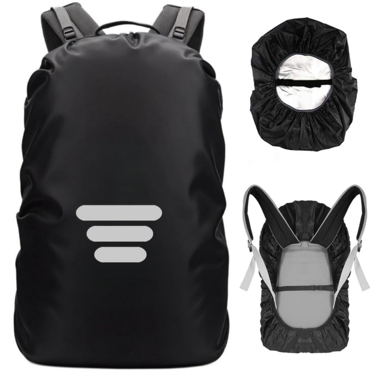 Dailygoods - Waterdichte rugzak regenhoes met drie reflecterende banden (8-70L), 1 verstelbare anti-slip gesp riem voor anti-stof en anti-diefstal, regendicht en sneeuwbestendig, Zwart, M (26-40L)