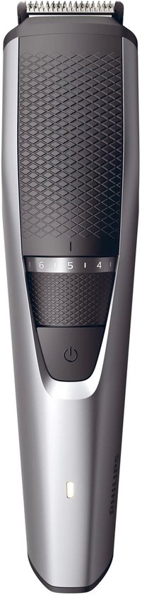 Zilveren Philips baardtrimmer met zwarte grip, zoomwiel en aan/uit-knop.