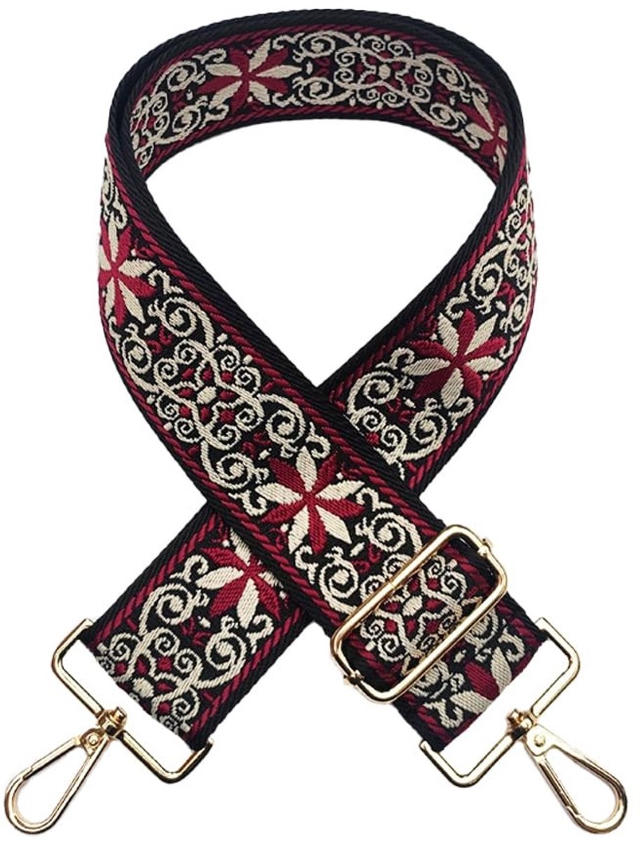 Dailygoods- Schouderriem Verstelbaar 72-130 cm - Geborduurde Bloemen - Etnische Stijl - Polyester-Katoen - 5 cm Breed - Tassenriem