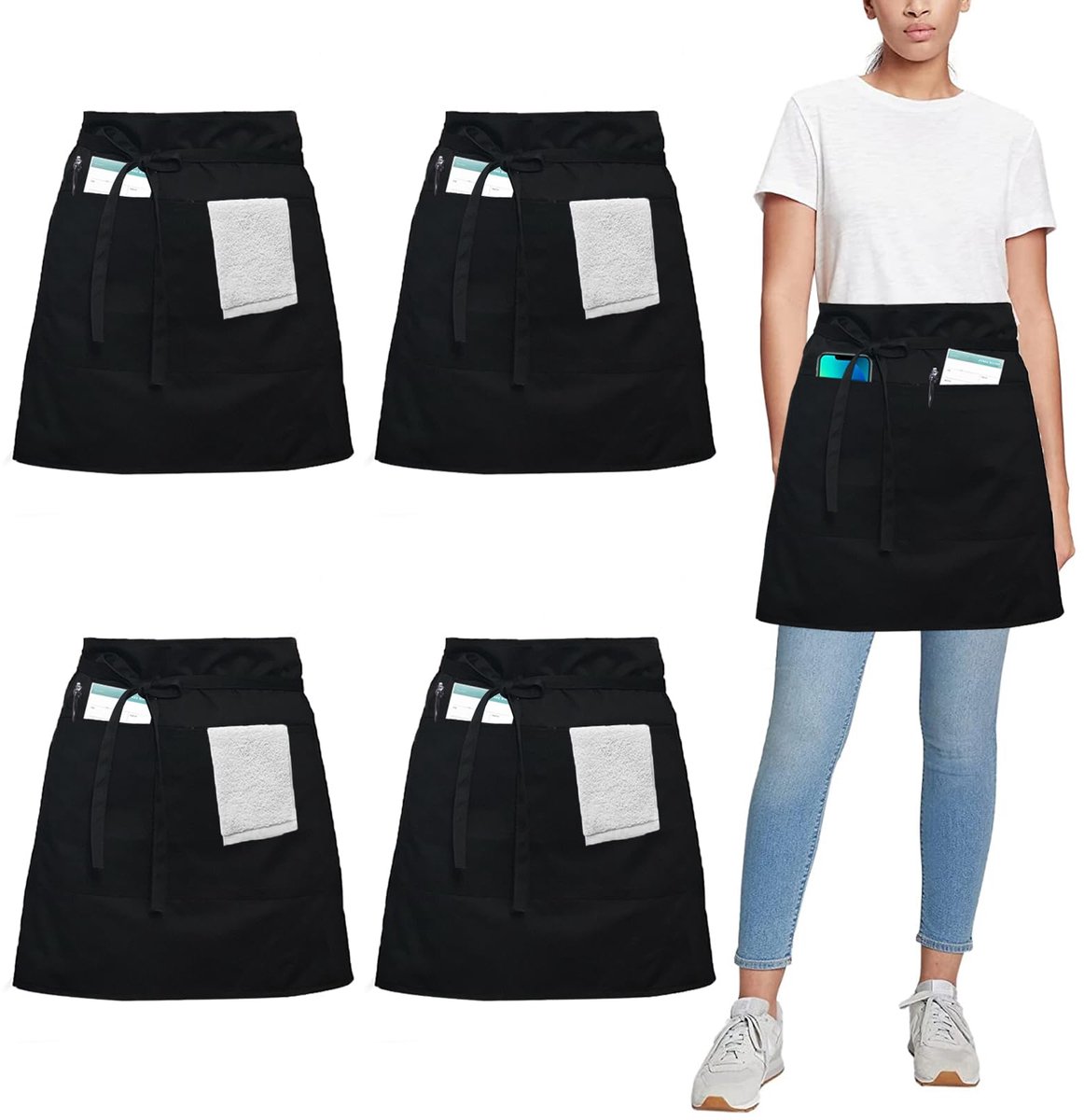 Schort, Chef Taille Schort, Werkschort met 3 Zakken voor Mannen en Vrouwen, Serveerster Kort Keukenschort