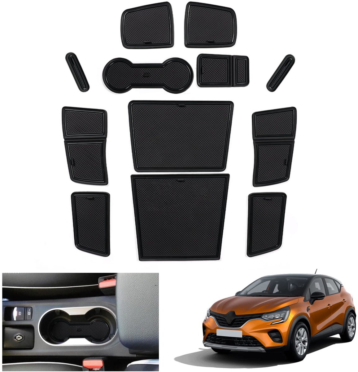 Renaul-t Captur 2 | E-Tech | Hybrid 2020-2024 2025 antislipmatten, Captur 2023 rubberen matten, middenconsole bekerhouder, deurnaad-matten, compatibel met Renault Captur 2 (niet voor handrem)