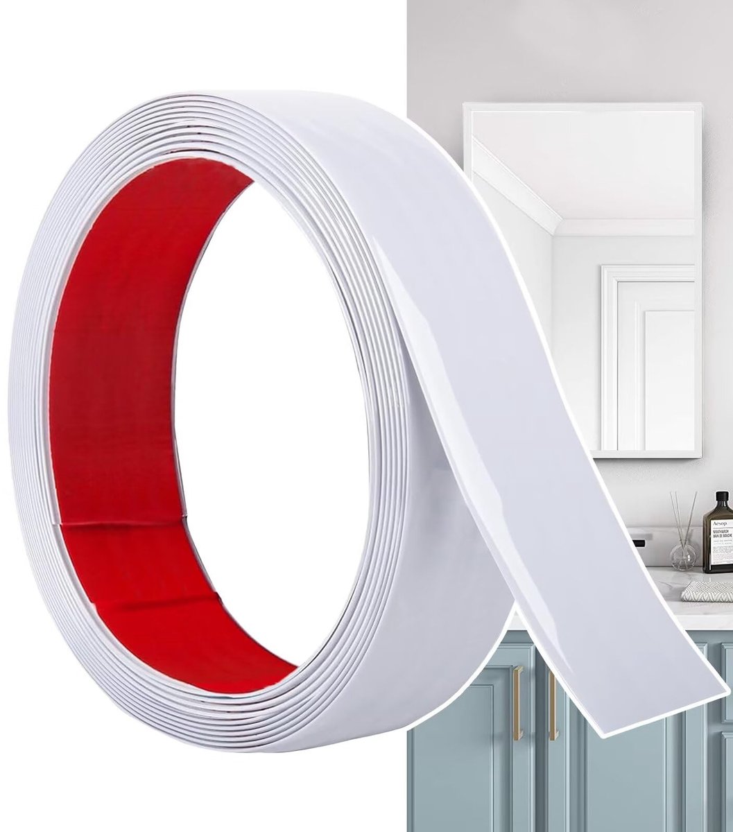 Decoratieve Lijst, Flexibele PVC Sierstrip, Waterbestendige Wandstrip om te Plakken, Zonder Boren voor Muur, Spiegel, Plafond, Kast en Tegels (Mat Wit, 6M x 3cm)