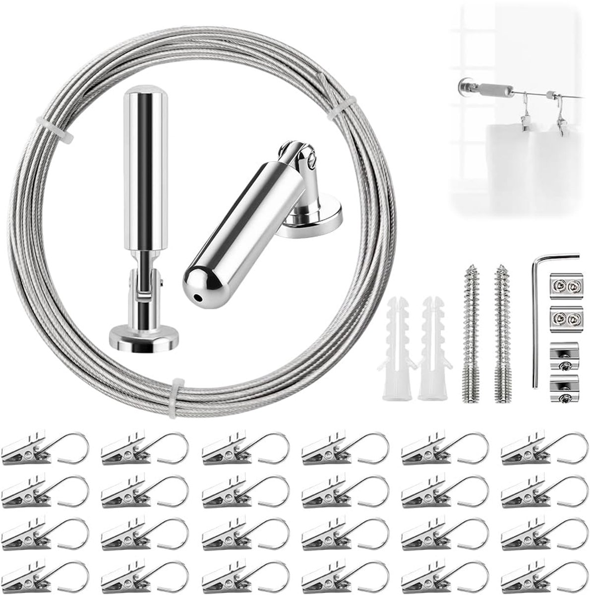 Gordijn touw met 24 stuks metalen clips, haken, roestvrij staal, gordijndraad, spankabel, waslijn, gordijn, staalkabel voor douchegordijnen, gordijn, fotodraad