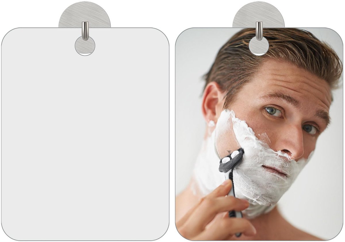 Douchespiegel ongevoelig voor scheren, 17 x 13 cm, onbreekbaar, anti-condens badkamerspiegel voor muur met 3 haken, voor mannen en vrouwen, scheren make-up kluis