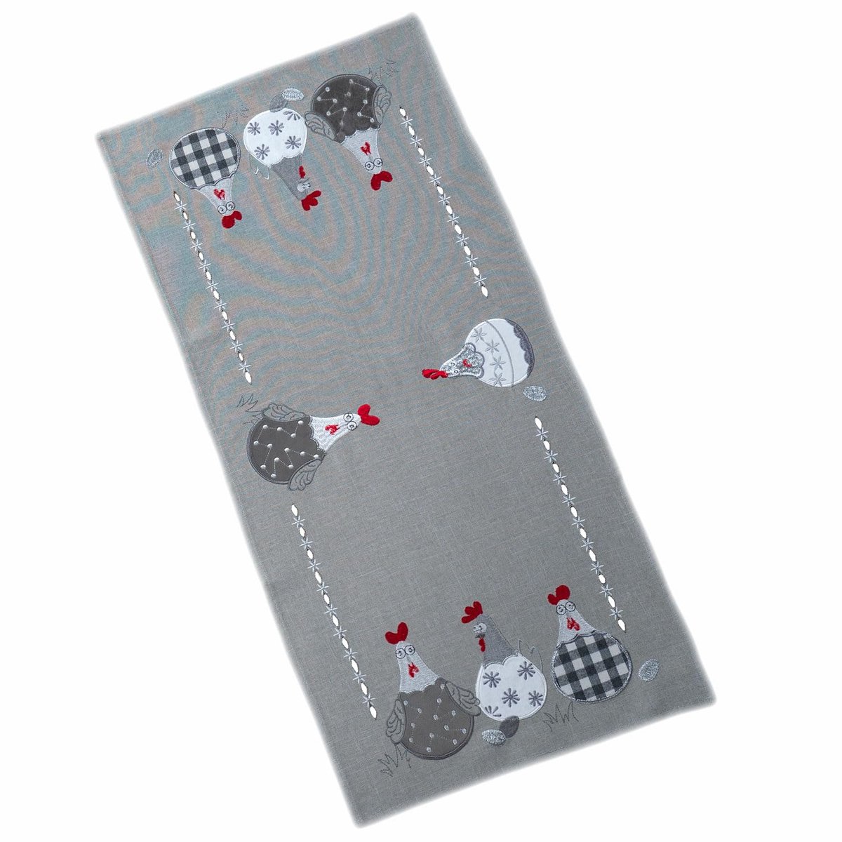 tafelloper 40 x 85 cm grijs met print van gekke kippen, Pasen, lente