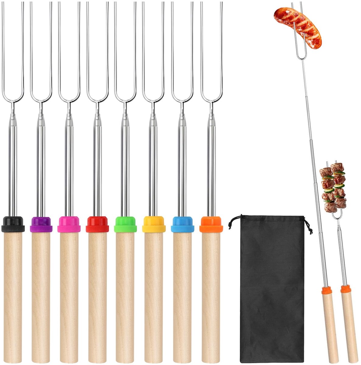 Telescopische grillspiesen, roestvrij staal, 8 stuks, marshmallow-spiesen, 31-81 cm, met geïsoleerde handgrepen, braadstokken, stokbrood, kampvuur, spiesjes voor barbecueparty, camping