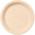 Een rond beige feestbordje, gemaakt van geperst houtkarton.