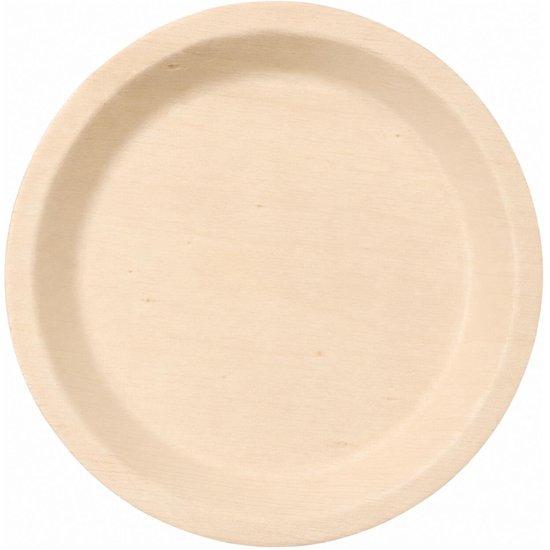 Een rond beige feestbordje, gemaakt van geperst houtkarton.