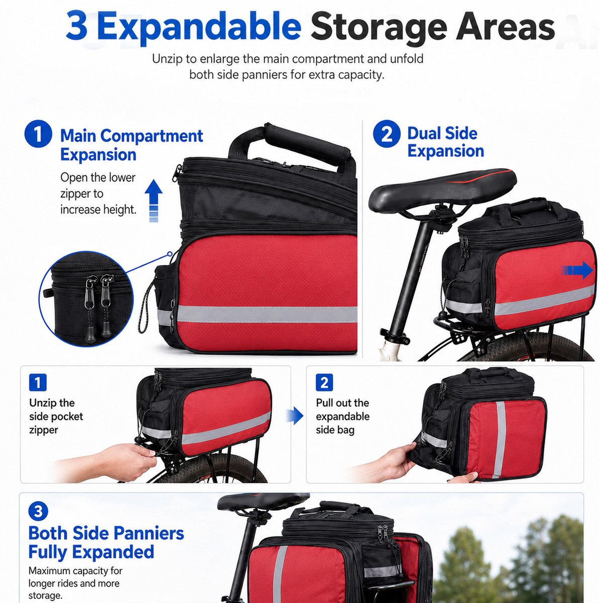 Waterdichte Fietstas Achterop Fiets – 27L Uitbreidbare Bagagedragertas – Touring Fietstas voor Lange Afstand – Met Regenhoes en Reflecterende Details – Rood – 1 Stuk — cadeau in Sport & Outdoor - foto 7