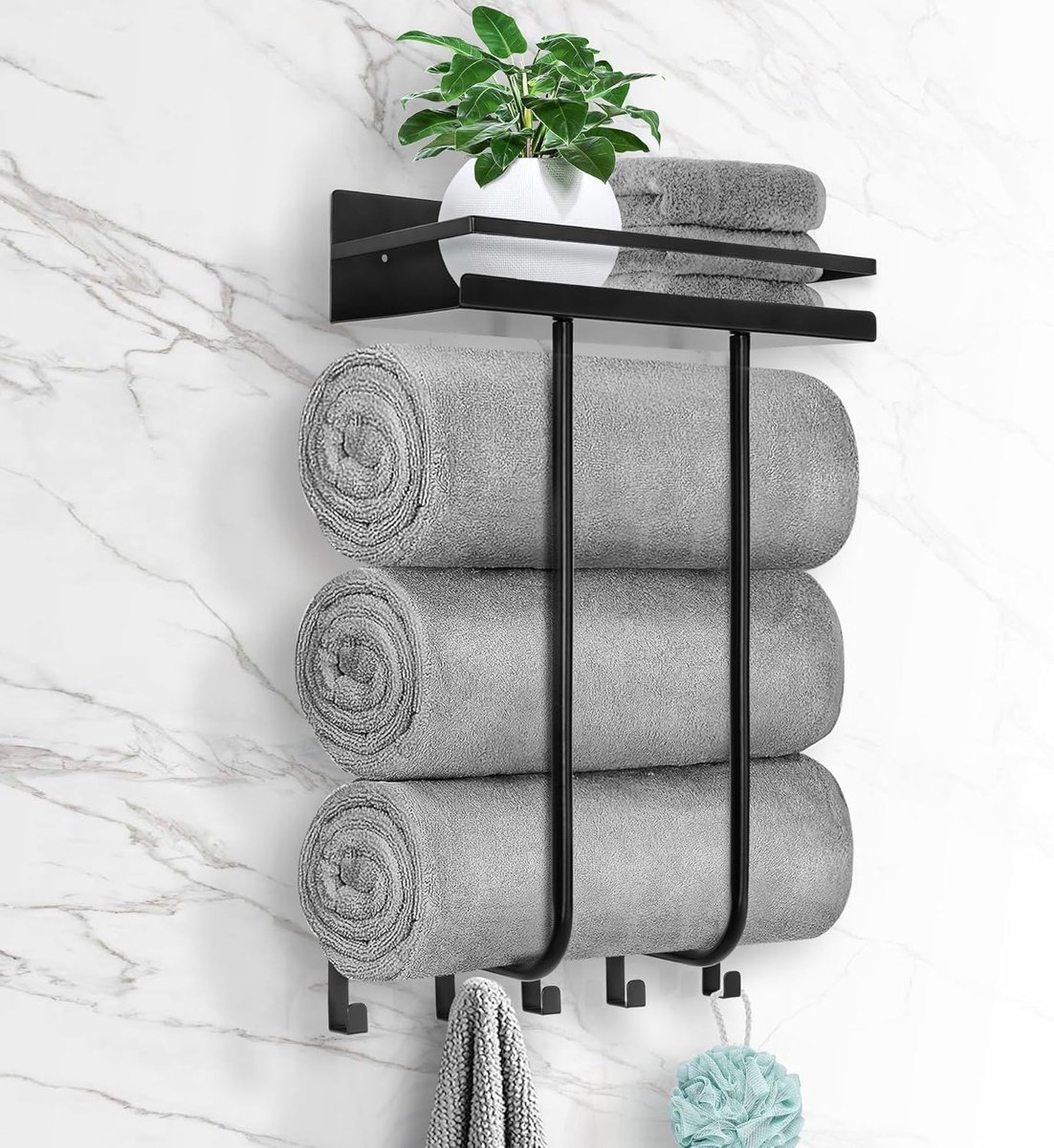 Handdoekenrekken voor badkamer, handdoekenrek wandmontage met metalen plank en 5 haken voor kleine badkamer, handdoekhouder voor badkamer, badhanddoekopslag voor opgerolde handdoeken organizer