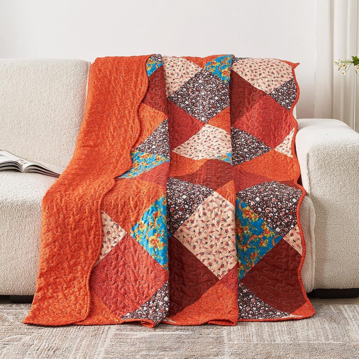 Sprei, oranje, patchwork, gewatteerd, licht, 150 x 200 cm, van 100% kleurrijke microvezel