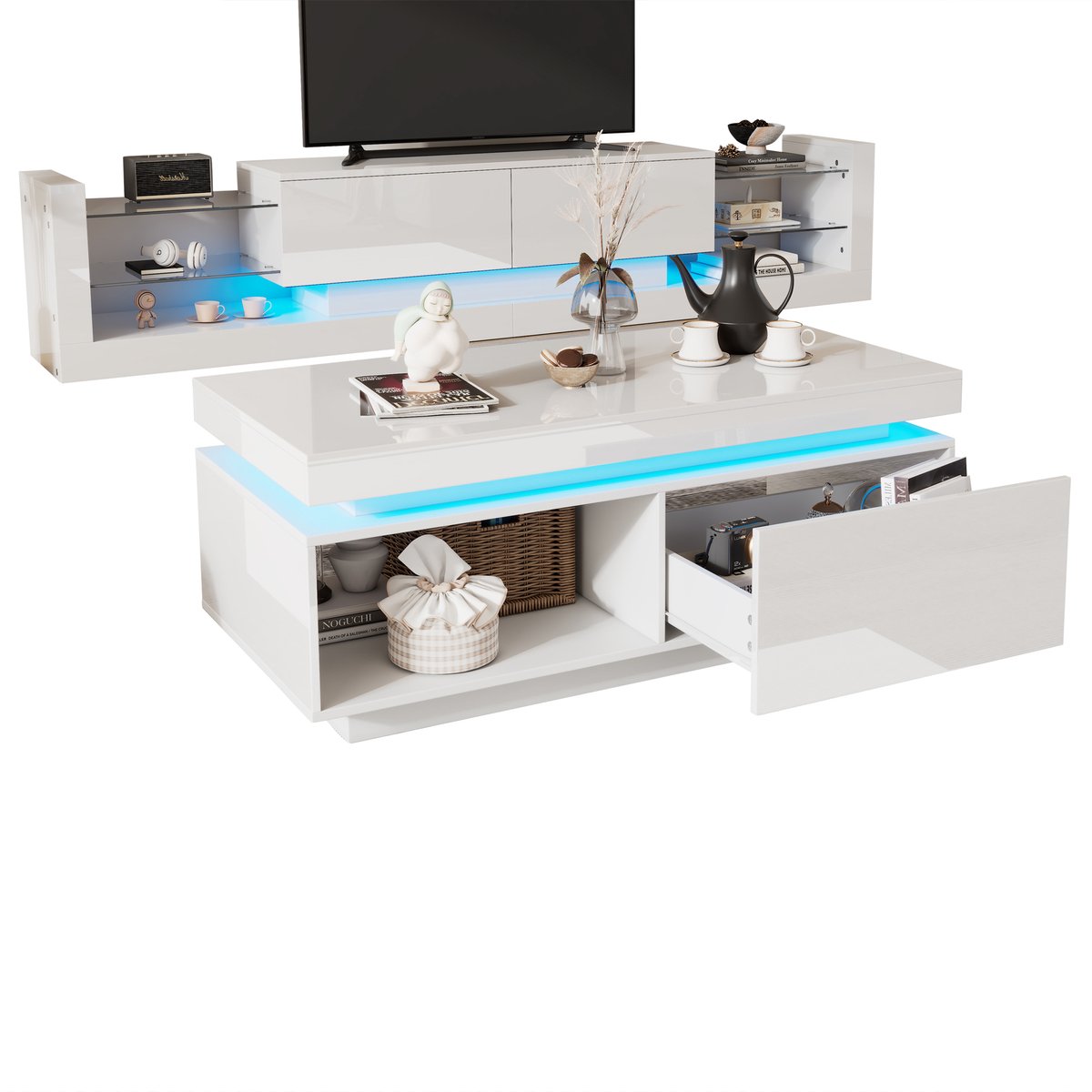 TV-meubel set - 181 cm breed & 100 cm bijzettafel - wit hoogglans - LED-verlichting - modern design